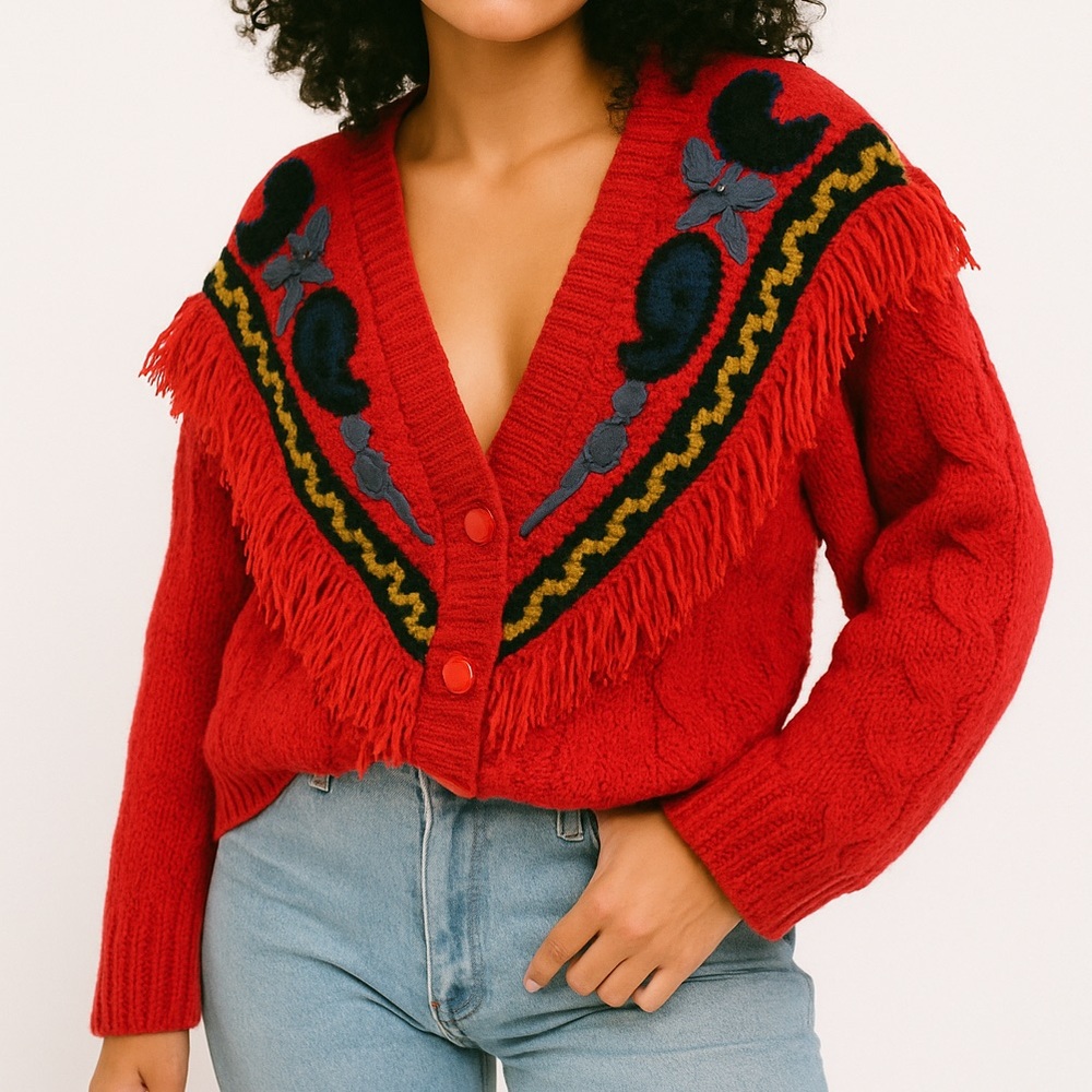 Spice of Life Vintage 1980s Retro Red Button-Up Cardi Floral & Fringe Crocheted